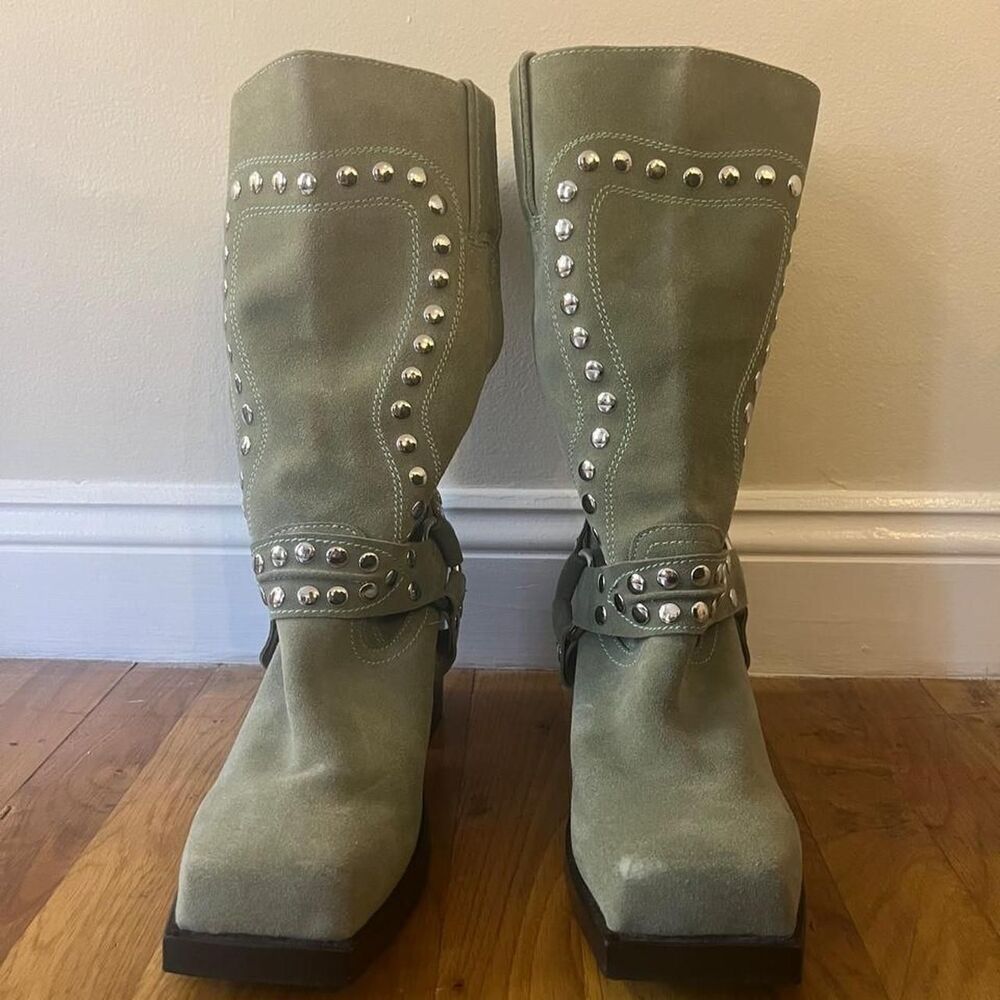 Jeffrey Campbell Juvenile-S Olive Green Suede Studded Western Boots Size 11 - Picture 4 of 8
